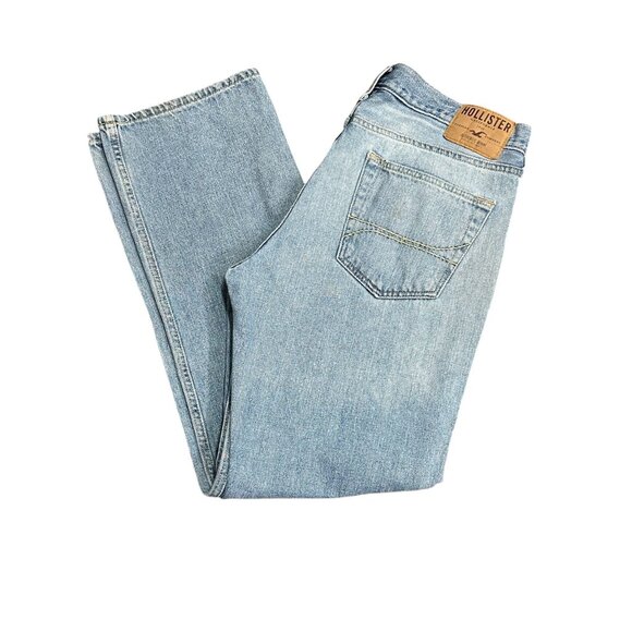 Hollister Mens 34x32 Relaxed Straight Leg Jeans Light Wash Distressed Denim - Picture 1 of 16